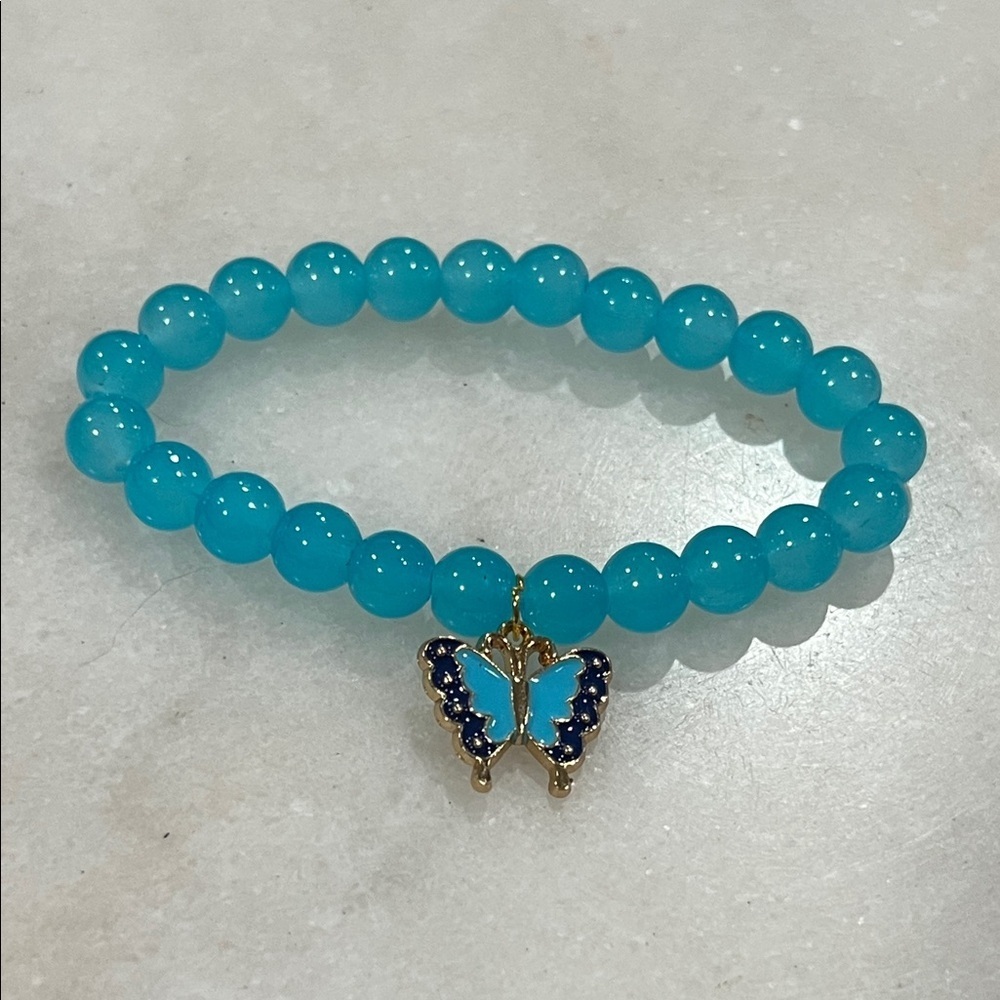 Blue Beaded Bracelet with Butterfly Charm